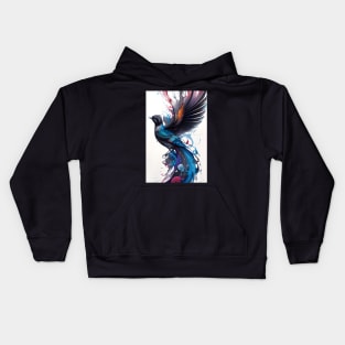 Black and Multi-Color Ink Bird Image Kids Hoodie